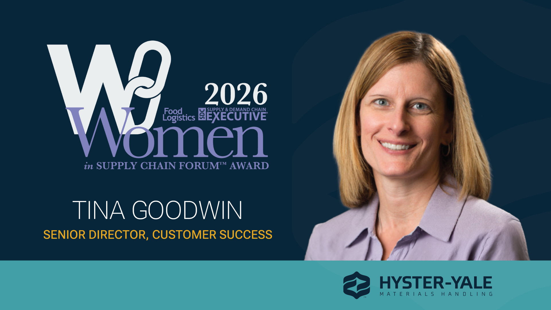 Leader Tina Goodwin shown smiling alongside Women in Supply Chain Forum award logo.