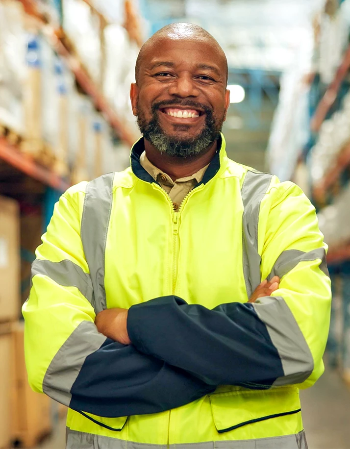 Man standing in warehouse smiling. 