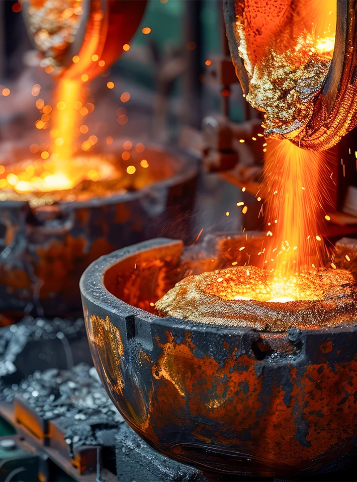 Industrial foundry pouring molten metal in steel factory. 