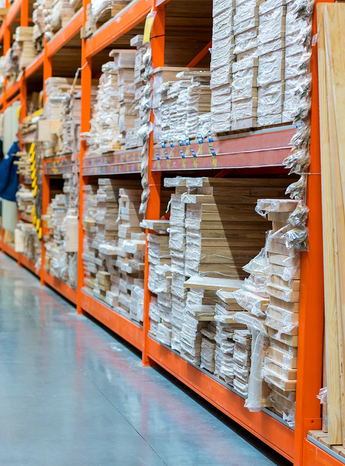 Lumber aisle in home center or DIY store.