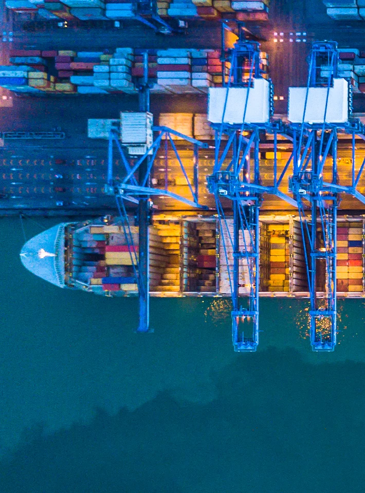 Areal view of port and cargo ship.