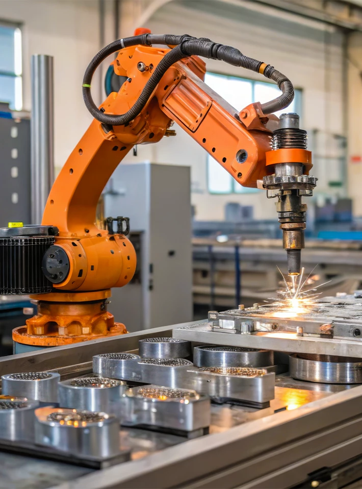 Industrial robotics operating on factory assembly line. 
