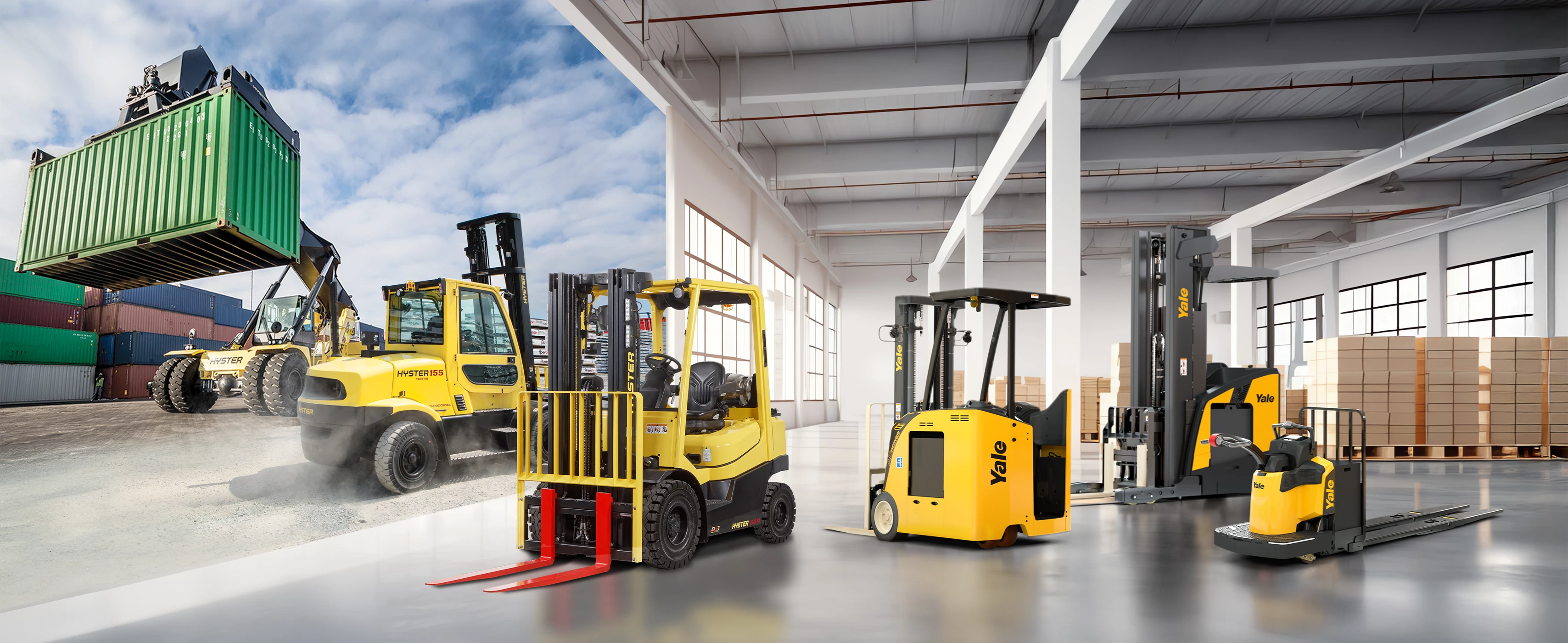 Variety of Hyster industrial lift trucks and Yale warehouse forklifts.