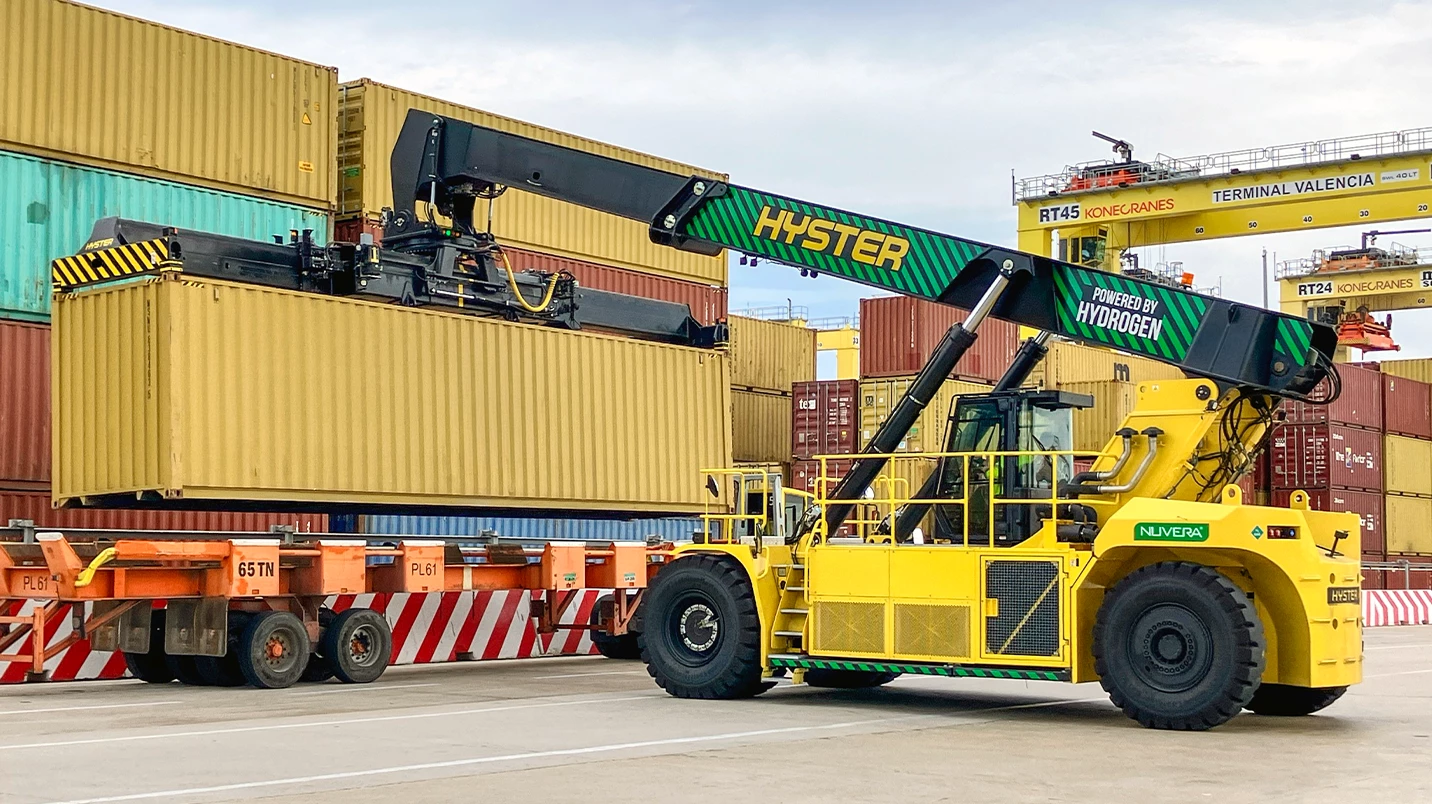 Hyster top pick powered by Nuvera fuel cell technology operating in a port.
