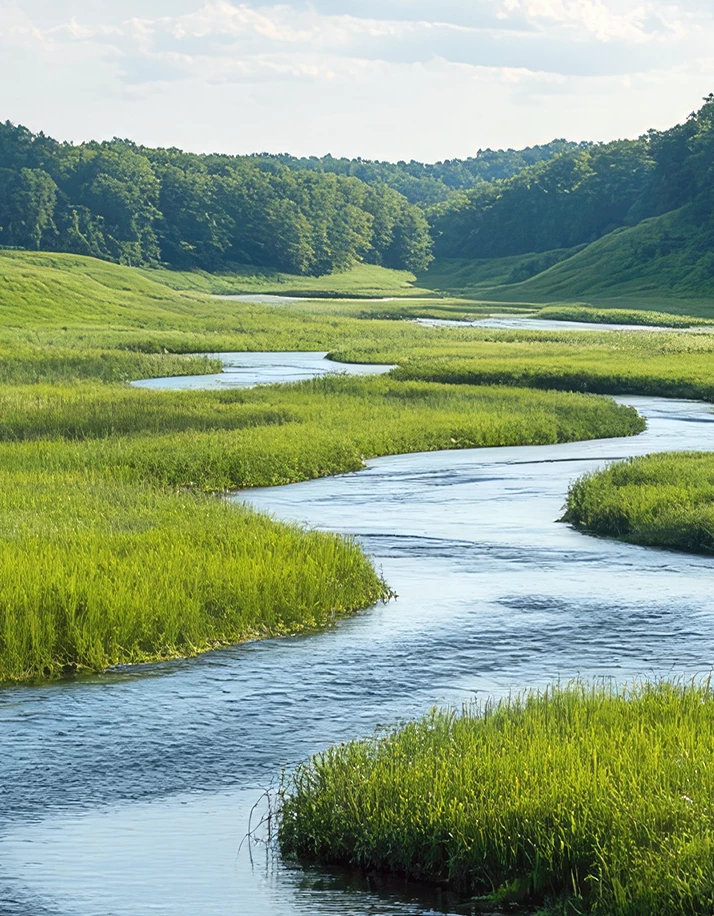 Waterway and lush green vegetation.   