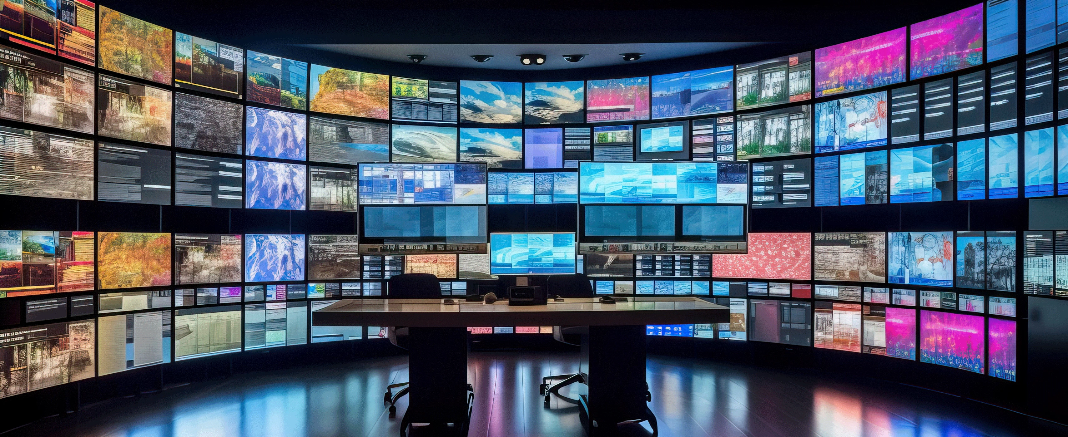 Newsroom with wall of televisions.