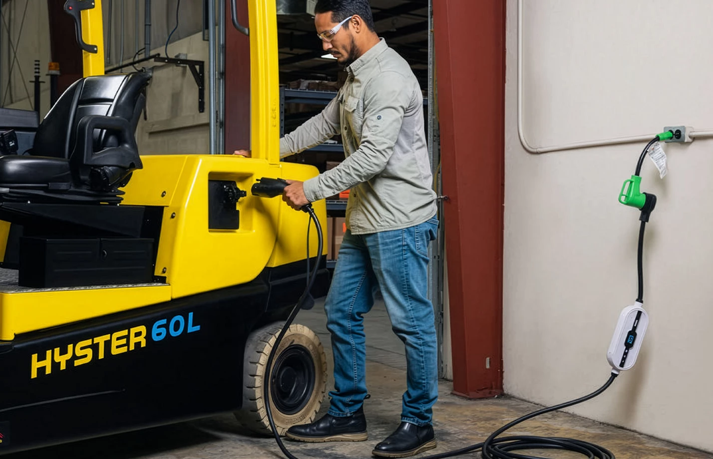 Man connecting Hyster forklift to charging solution plugged to standard electrical outlet. 